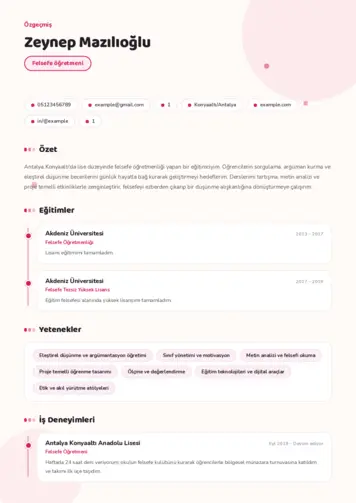 Felsefe Öğretmeni CV Örnekleri cv indir